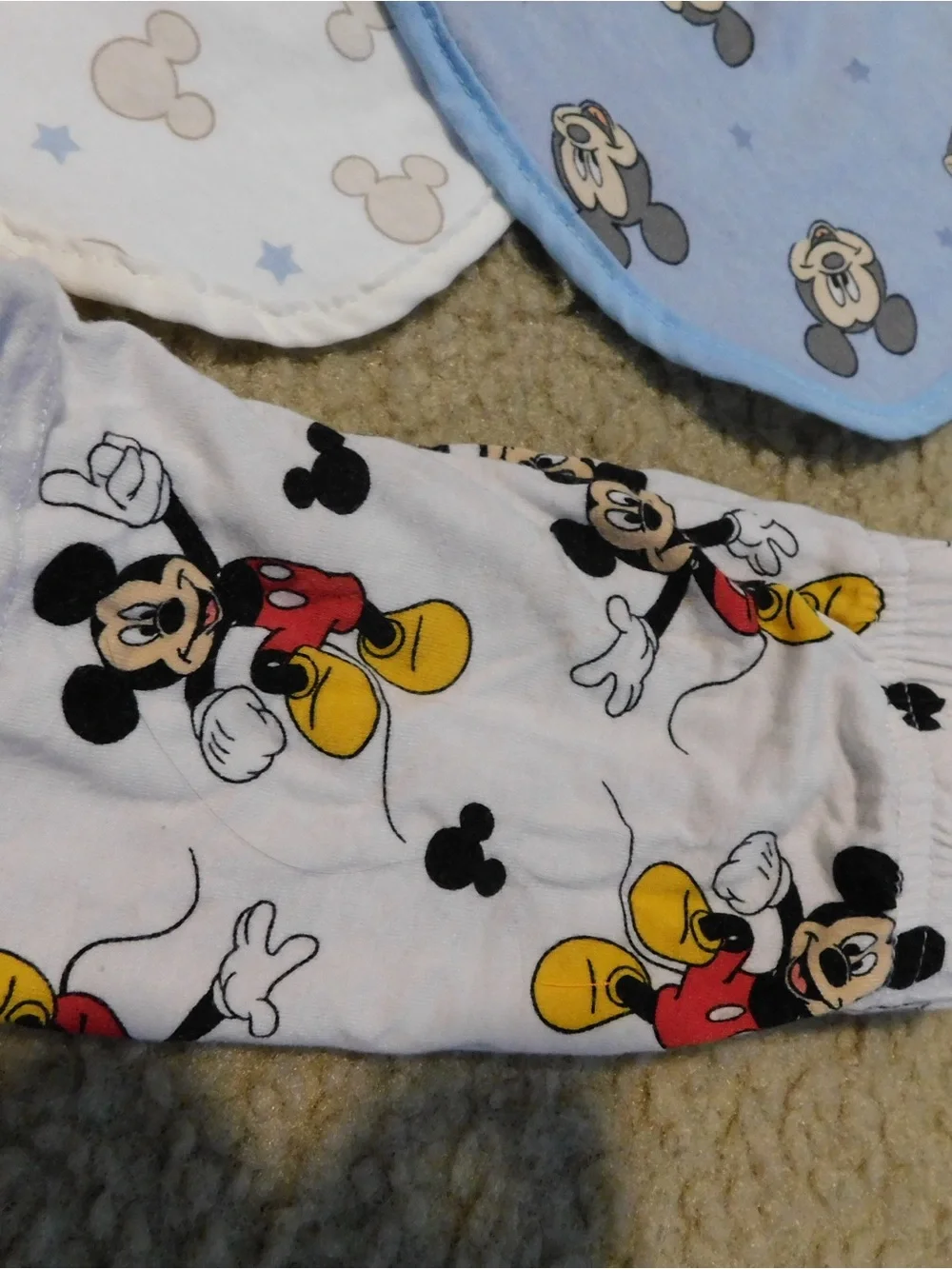 Disney Baby Blue, White & Gray Mickey Bib Set - 3 Pack + free disney shorts 12M